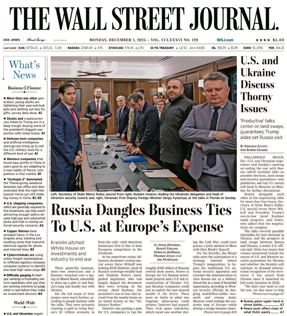 U.S. and Ukraine Discuss Thorny Issues | The Wall Street Journal -- Mon., December 01, 2025