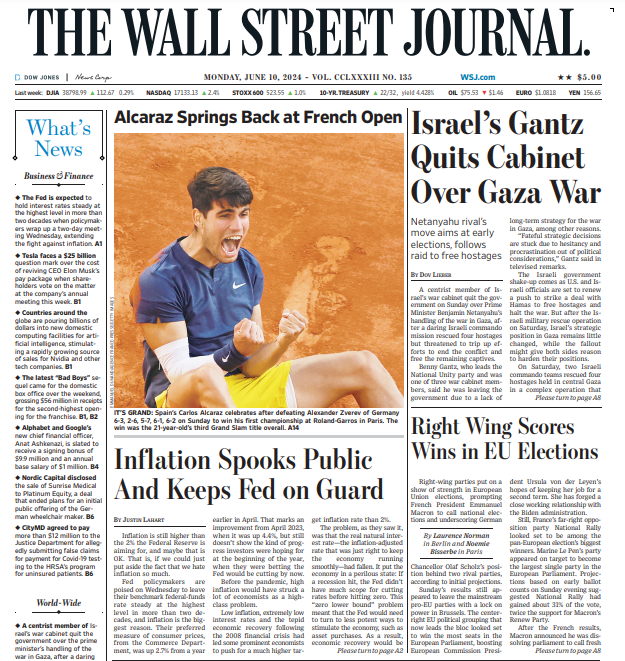 Israel’s Gantz Quits Cabinet  Over Gaza War | The Wall Street Journal -- Mon., June 10, 2024