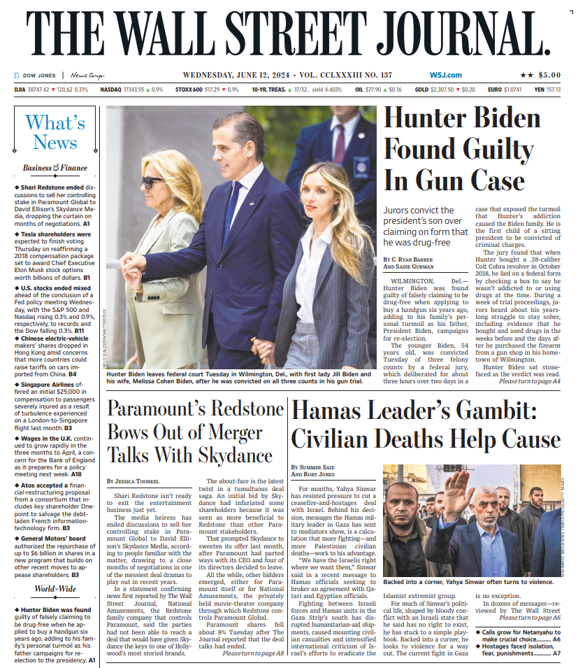 Hunter Biden  Found Guilty In Gun Case| The Wall Street Journal -- Wed., June 12, 2024